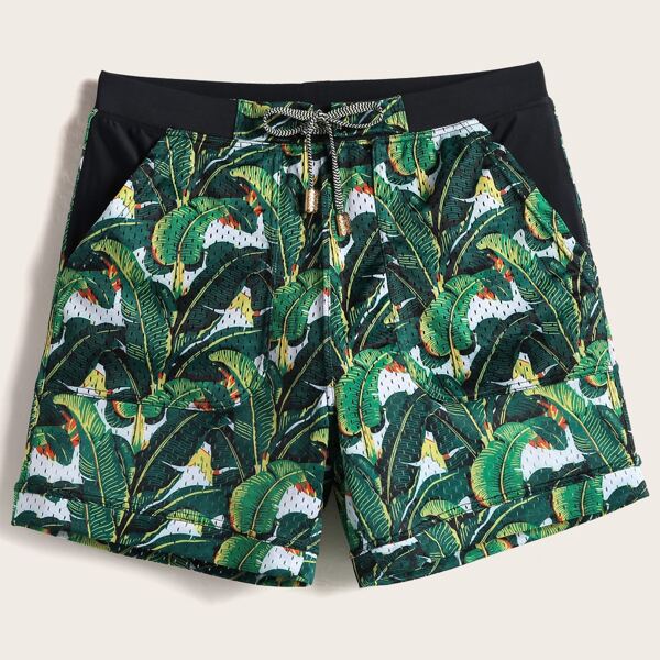 

Men Tropical Print Drawstring Waist Swim Trunks, Multicolor