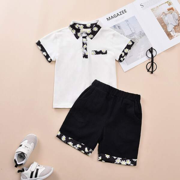 

Toddler Boys Floral Print Polo Shirt With Shorts, Multicolor