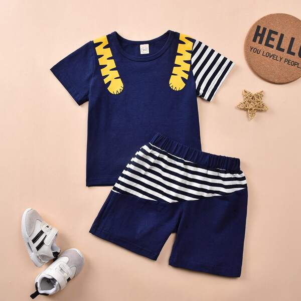 

Toddler Boys Cartoon Striped Tee & Shorts, Navy blue