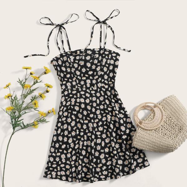 

Tie Shoulder Daisy Floral Print Cami Dress, Black