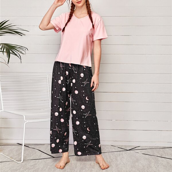 

Solid V-neck Tee & Galaxy Print Pants PJ Set, Multicolor