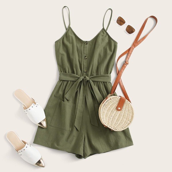 

Plus Pocket Button Front Belted Cami Romper, Army green