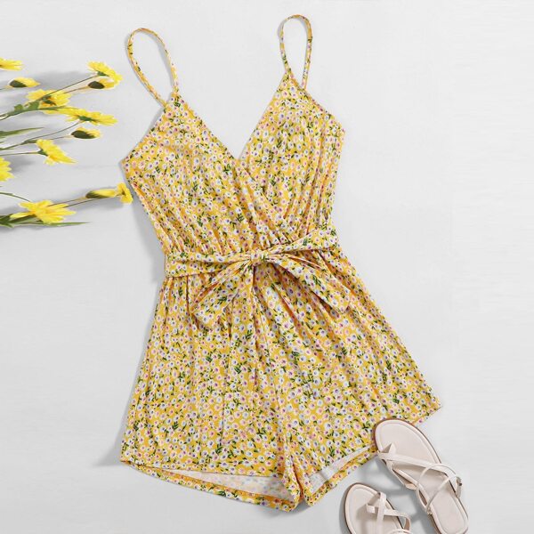 

Surplice Neck Self Belted Ditsy Floral Cami Romper, Yellow