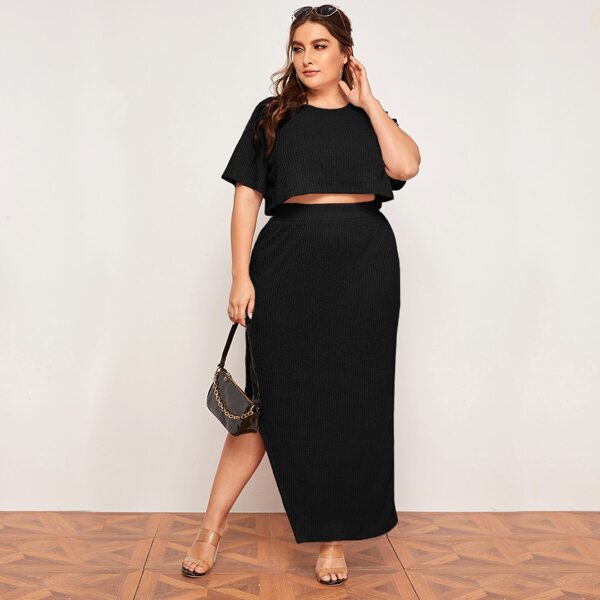 

Plus Rib-knit Crop Tee With Split Thigh Skirt, Black