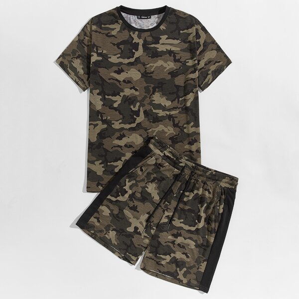 

Men Camo Print Tee and Sideseam Track Shorts Set, Multicolor