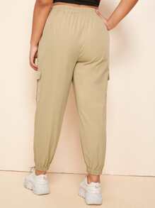 SHEIN EZwear Plus Elastic Waist Flap Pocket Cargo Trousers - Khaki - View 4
