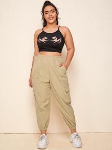 SHEIN EZwear Plus Elastic Waist Flap Pocket Cargo Trousers - Khaki - View 6