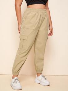 SHEIN EZwear Plus Elastic Waist Flap Pocket Cargo Trousers - Khaki - View 7