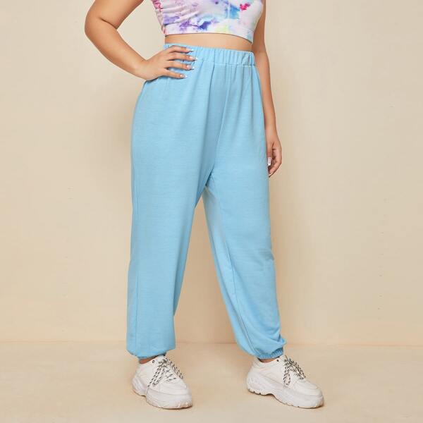 

Plus Elastic Waist Solid Sweatpants, Blue