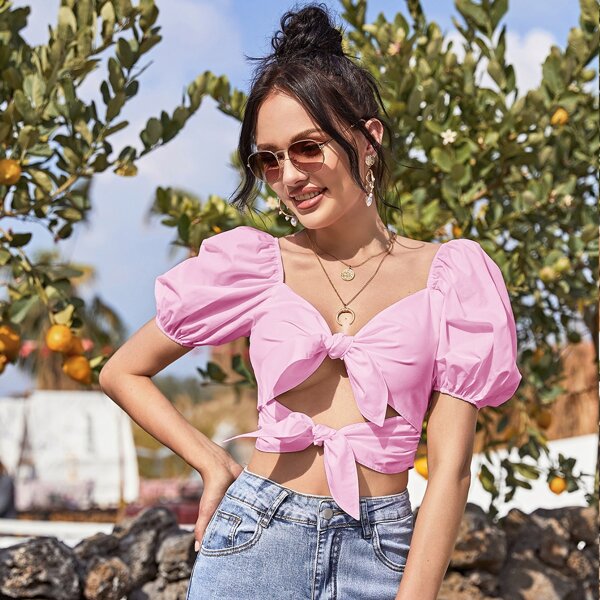 

Puff Sleeve Tie Front Top, Pink pastel