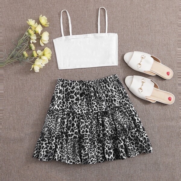 

Crop Cami Top & Leopard Layered Skirt Set, Brown