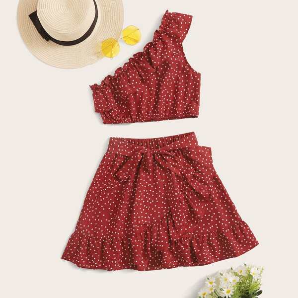 

Plus One Shoulder Ruffle Polka-dot Top & Skirt Set, Burgundy