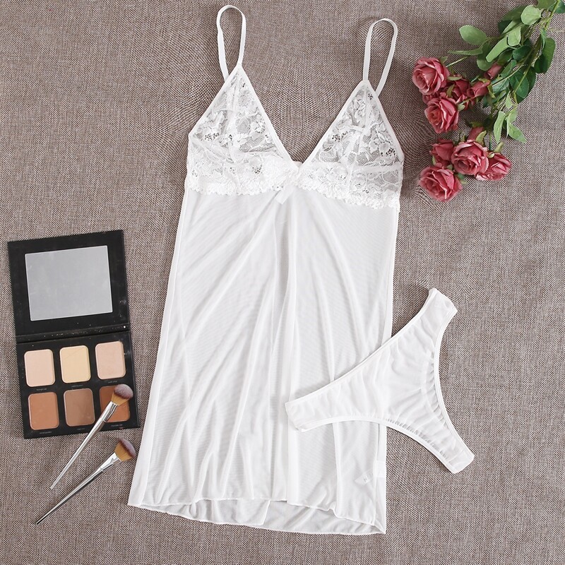 

Contrast Lace Mesh Slips With Thong, White