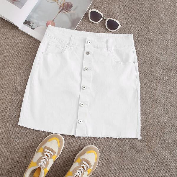 

Plus Solid Button Through Raw Hem Denim Skirt, White