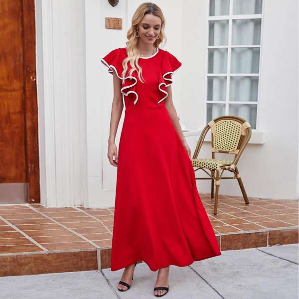 

Contrast Binding Ruffle Trim Maxi Dress, Red