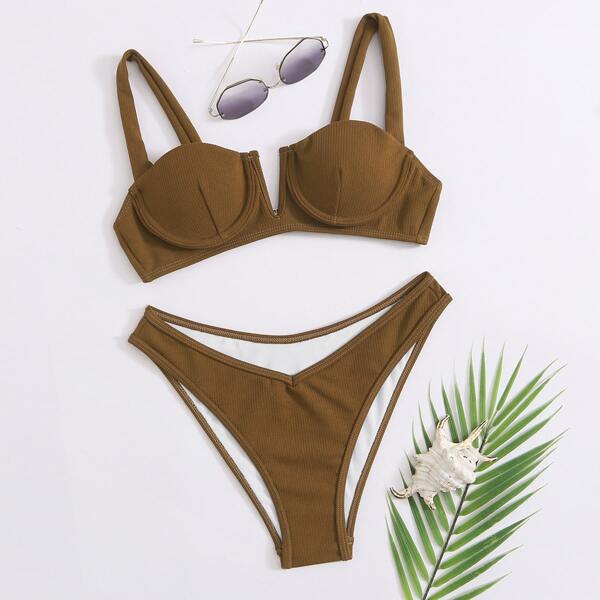 

V Wired Underwire High Cut Bikini Swimsuit, Coffee brown