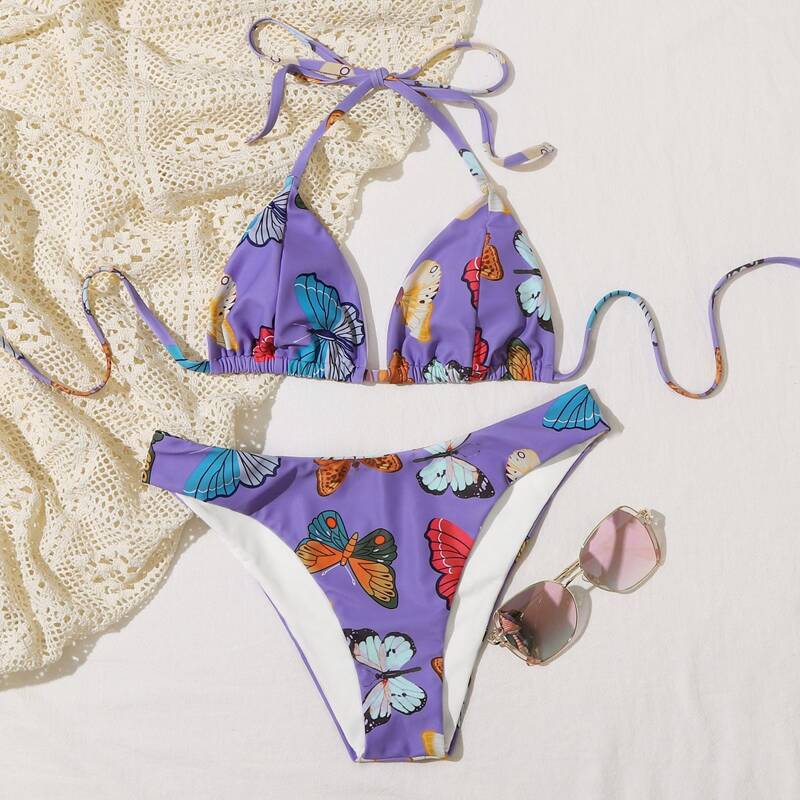 

Butterfly Print Triangle Bikini Swimsuit, Violet purple