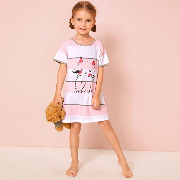

Toddler Girls Block Striped Cartoon Graphic Nightdress, Multicolor
