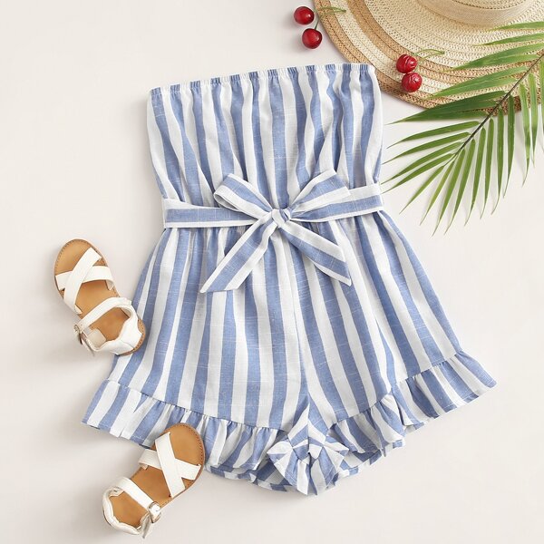 

Girls Ruffle Hem Belted Striped Tube Romper, Blue and white