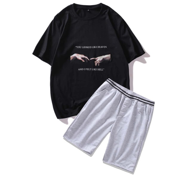 

Men Oil Painting And Slogan Graphic Tee & Track Shorts, Multicolor
