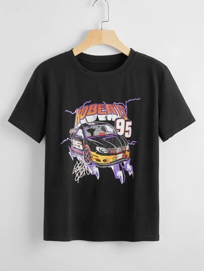 Camiseta con estampado de letra y coche