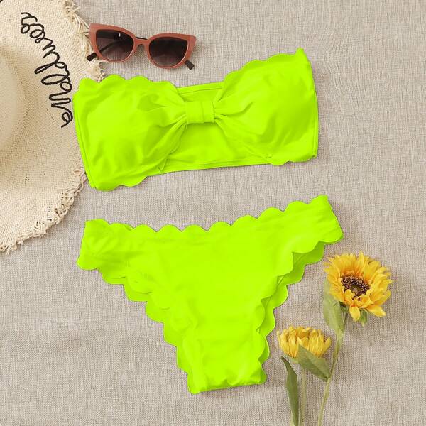 

Neon Lime Scallop Trim Bandeau Bikini Swimsuit, Bright lime green