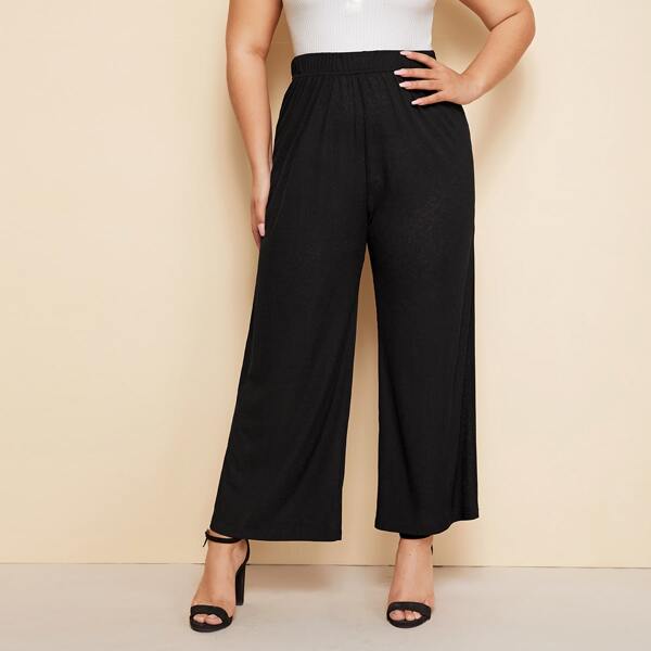 

Plus Solid Elastic Waist Pants, Black