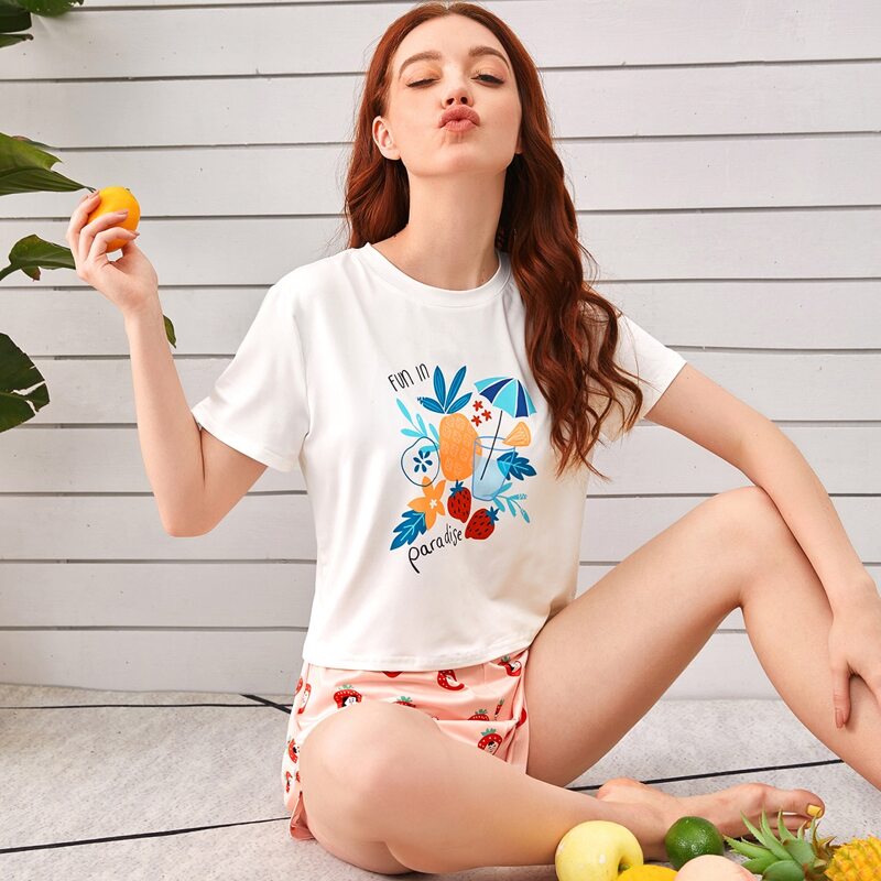 

Fruit And Slogan Graphic Pajama Set, Multicolor