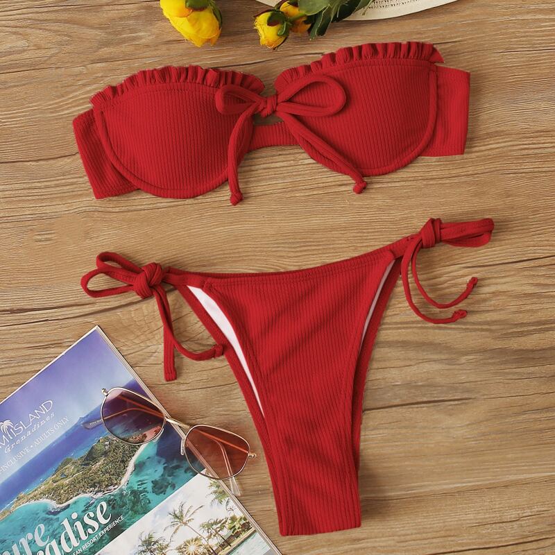 

Rib Underwire Bandeau Tie Side Bikini Swimsuit, Red