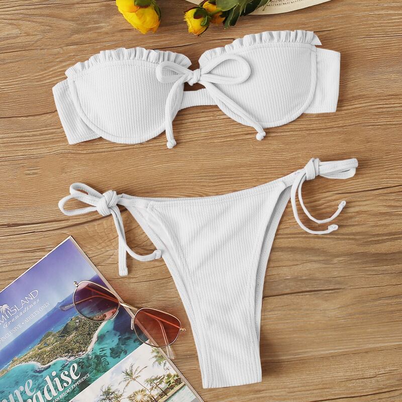 

Rib Underwire Bandeau Tie Side Bikini Swimsuit, White