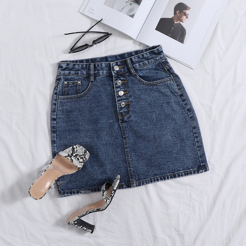 

Half Button Pocket Front Denim Skirt, Dark wash