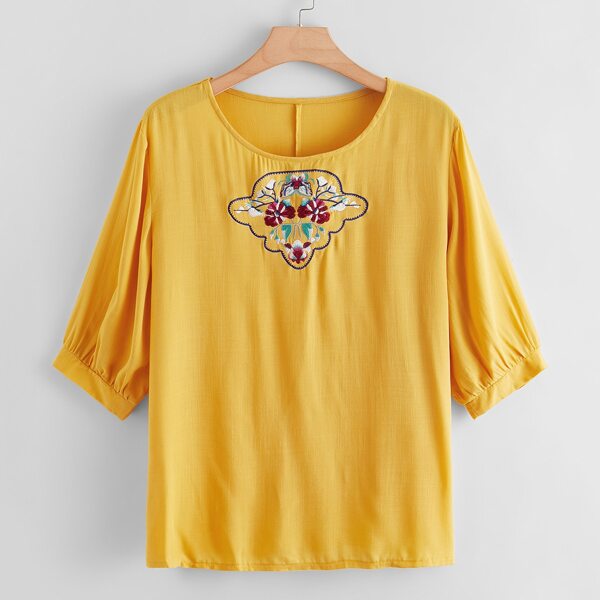 

Plus Floral Embroidery Bishop Sleeve Blouse, Yellow