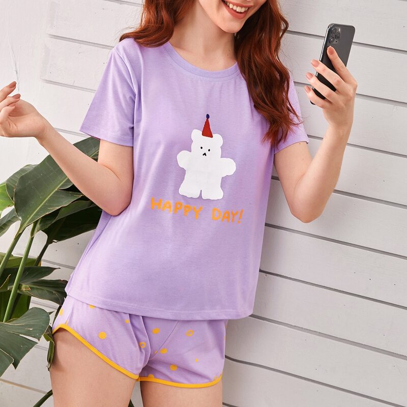 

Slogan & Cartoon Graphic Tee & Contrast Binding Shorts PJ Set, Purple