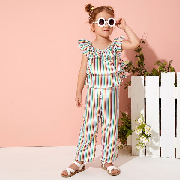 

Toddler Girls Rainbow Striped Tiered Layer Butterfly Sleeve Top & Pants, Multicolor