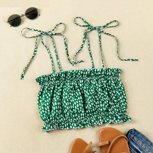 

Knot Shoulder Ditsy Floral Frill Cami Top, Green