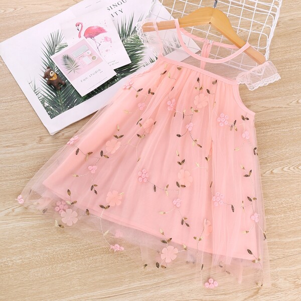 

Toddler Girls Floral Embroidery Mesh A-line Dress, Pink