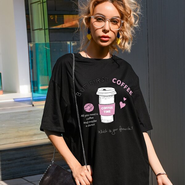 

Coffee & Slogan Graphic Oversized Tee, Black