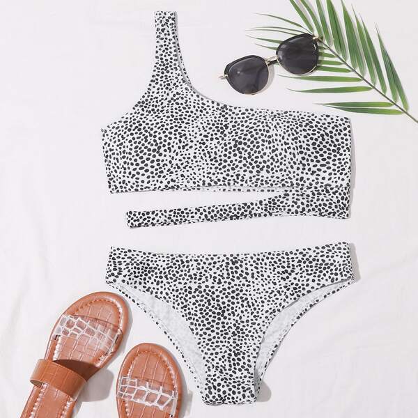 

Dalmatian Cut-out One Shoulder Bikini Swimsuit, Black and white