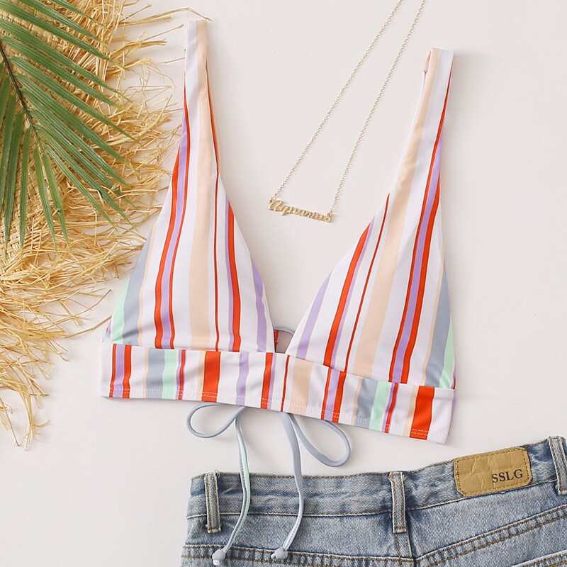 

Colorful Stripe Print Bikini Top, Multicolor
