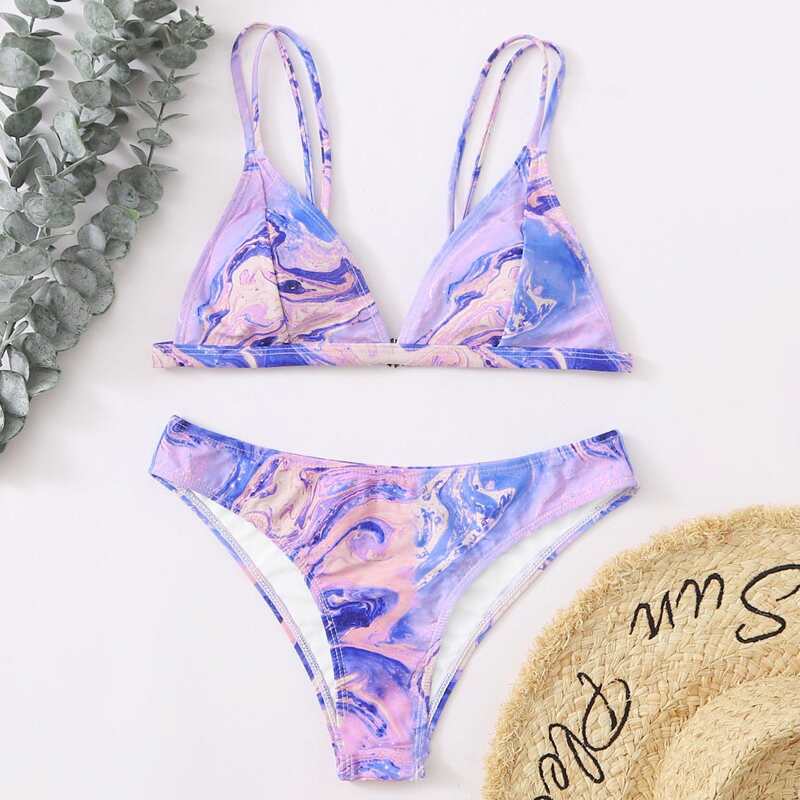

Marble Print Triangle Bikini Swimsuit, Multicolor