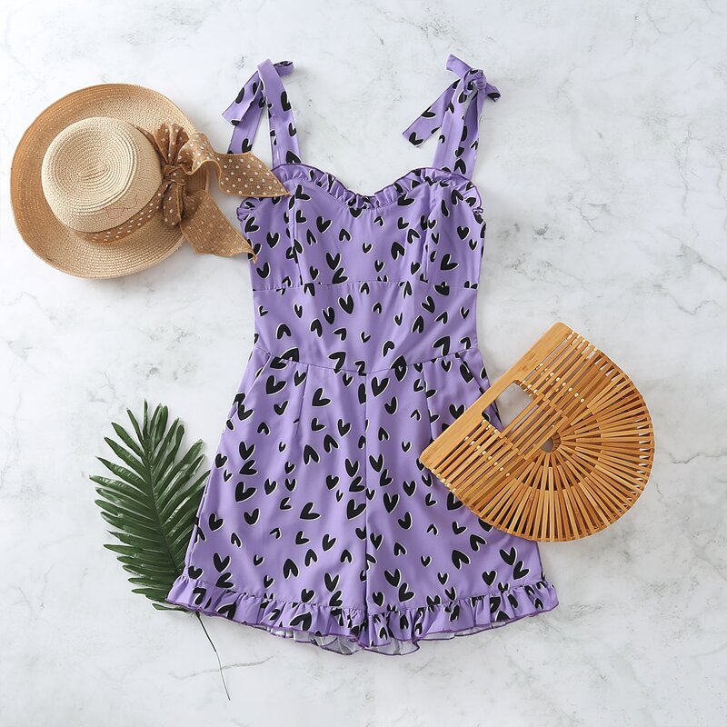 

Heart Print Frill Trim Cami Romper, Lilac purple
