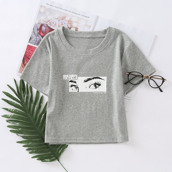 

Slogan & Figure Graphic Tee, Light grey