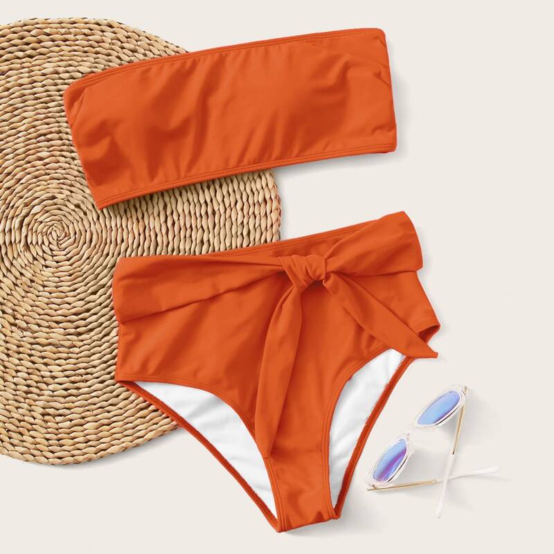 

Knot Front Bandeau High Waisted Bikini Swimsuit, Orange