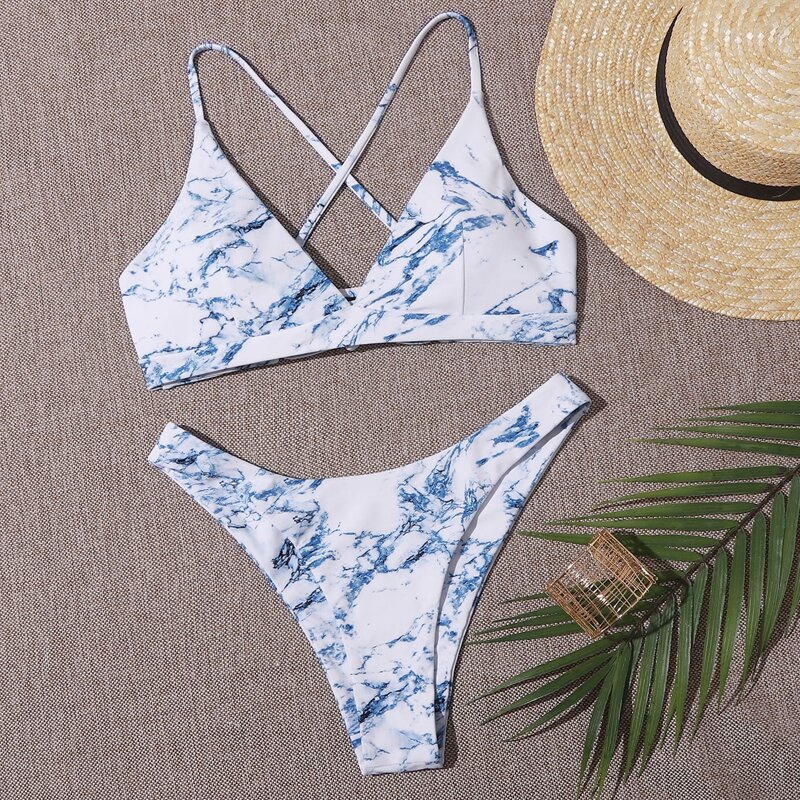 

Marble Pattern High Cut Bikini Swimsuit, Multicolor