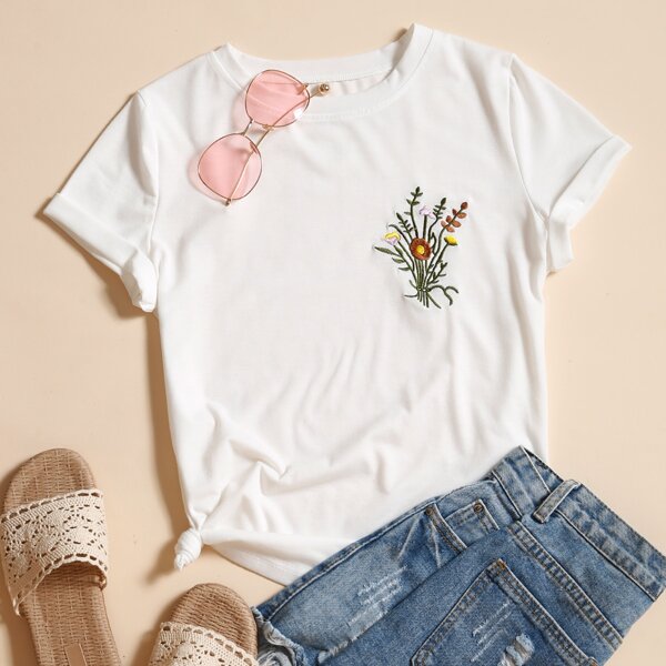 

Floral Embroidered Round Neck Tee, White