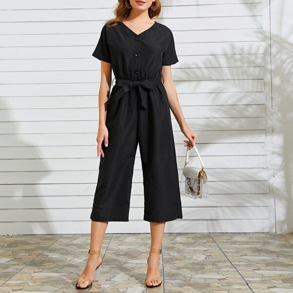 

Solid Belted Wide Leg Jumpsuit, Black