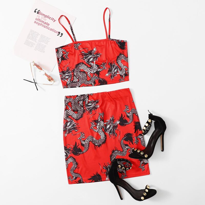 

Dragon Print Crop Cami Top & Skirt, Red
