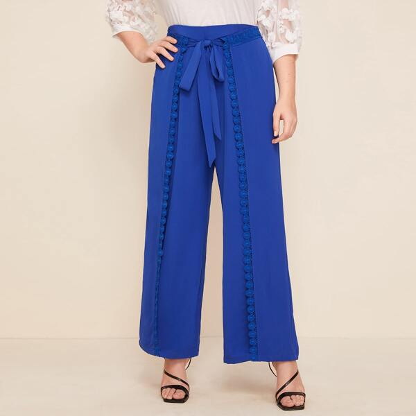 

Plus Guipure Lace Trim Tie Front Pants, Royal blue
