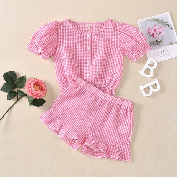 

Toddler Girls Gingham Button Front Ruffle Blouse & Shorts, Baby pink