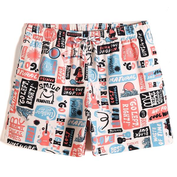 

Men Graffiti Print Drawstring Swim Trunks, Multicolor